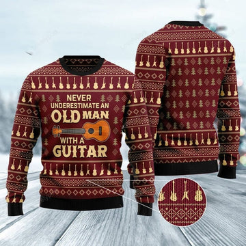 FUNSTUFFPRINT Never Underestimate An Old Man With A Guitar Ugly Christmas Sweater, Christmas Sweatshirt Gift for Man Women Ugly Sweater