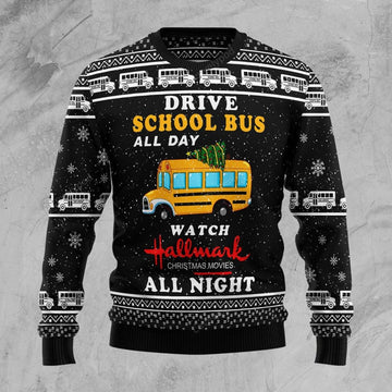 FUNSTUFFPRINT School Bus All Day Ugly Christmas Sweater, Christmas Sweatshirt Gift for Dog lover Ugly Sweater