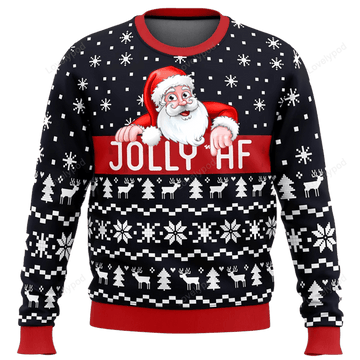 FUNSTUFFPRINT Jolly Af Santa claus Ugly Christmas Sweater, Custom Ugly sweater for men and women Ugly Sweater