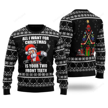 FUNSTUFFPRINT Santa Hockey All I Want For Christmas Is Your Two Front Teeth Ugly Christmas Sweater For Men & Women Ugly Sweater