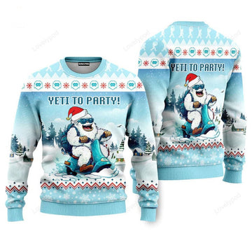 FUNSTUFFPRINT Yeti To Party Funny Bigfoot With Snow Christmas Sweaters For Men & Women Ugly Sweater