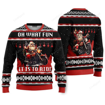 FUNSTUFFPRINT Oh What Fun It Is To Ride Santa Drive Motorbike Christmas Sweaters For Men & Women Ugly Sweater