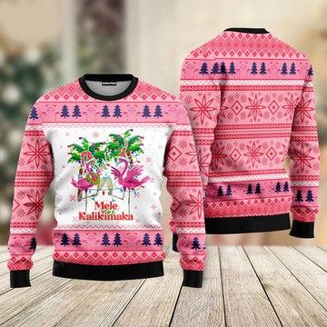 FUNSTUFFPRINT Mele Kalikimaka Flamingo Ugly Christmas Sweater For Men & Women Ugly Sweater