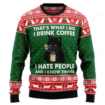 FUNSTUFFPRINT Skull Black Cat Drink Coffee Ugly Christmas Sweater, Xmas Lover Ugly Sweatshirt, Gift For Christmas Lover, Christmas Sweater Ugly Sweater