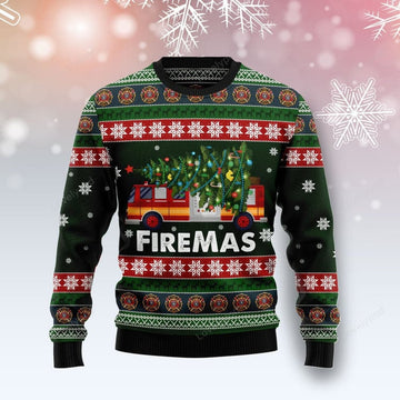 FUNSTUFFPRINT Firefighter Firemas Ugly Christmas Sweater, Xmas Lover Ugly Sweatshirt, Gift For Christmas Lover, Christmas Sweater Ugly Sweater