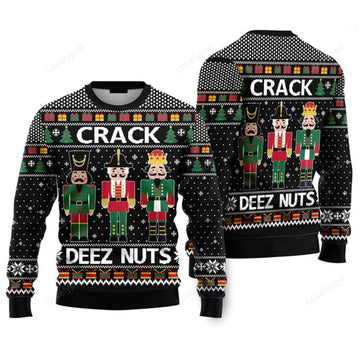 FUNSTUFFPRINT Crack Deez Nuts Nutcracker Ugly Christmas Sweater For Men & Women Ugly Sweater
