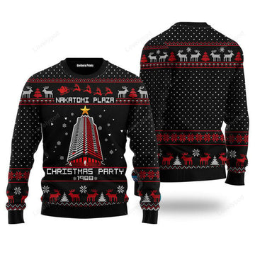 FUNSTUFFPRINT Nakatomi Plaza Black Ugly Christmas Sweater, Party 1988 Xmas Sweatshirt, Christmas Gift for Men Ugly Sweater