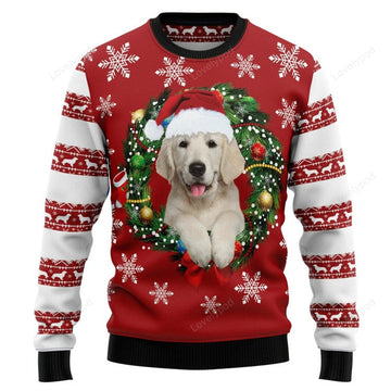 FUNSTUFFPRINT Golden Retriever Wearing Santa‘s Hat Christmas Sweater Ugly Sweater