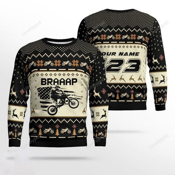 FUNSTUFFPRINT Custom Braaap Christmas Motocross rider black Ugly Christmas sweater for men, Motocross biker sweatshirt, gift for motocross lover Ugly Sweater