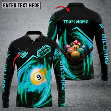 FUNSTUFFPRINT Personalized Billiard Ball Player Long Sleeve Polo Shirt, Billiards Shirts, Billiards Apparel