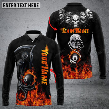 FUNSTUFFPRINT Custom Billiard Skull Player Long Sleeve Polo Shirt, Billiards Shirts, Billiards Apparel