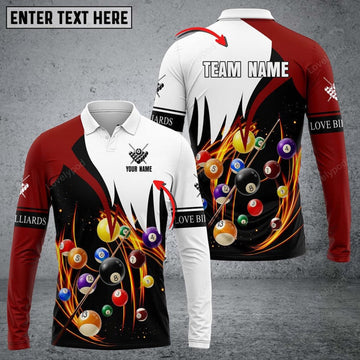 FUNSTUFFPRINT Personalized Billiard Ball Flag Team Name Player Long Sleeve Polo Shirt, Billiards Shirts, Billiards Apparel