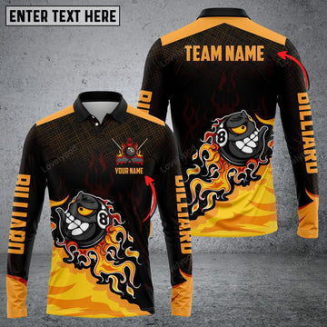 FUNSTUFFPRINT Personalized Billiard Ball Flag Team Name Player Long Sleeve Polo Shirt, Billiards Shirts, Billiards Apparel