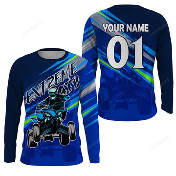 FUNSTUFFPRINT Custom ATV Motocross Long Sleeve T-Shirt, Blue Quad Bike Shirt Adult Off-road Racing 3D Long Sleeve T-Shirt