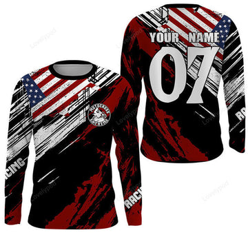 FUNSTUFFPRINT Custom USA flag Motocross jersey, dirt bike off-road shirt kid men women Patriotic 3D Long Sleeve T-Shirt