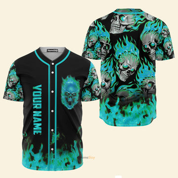 Custom Name Skull Mint Fire - Personalized Baseball Jersey