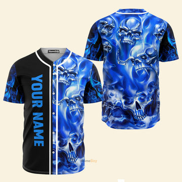 Custom Name Ghost Blue Flame Skull - Personalized Baseball Jersey