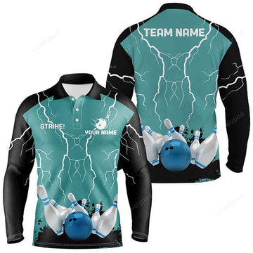 FUNSTUFFPRINT Men long sleeve polo bowling shirt, Custom bowling strike lightning storm thunder team league jersey