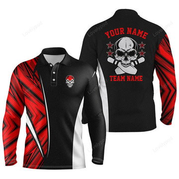 FUNSTUFFPRINT Black And Red Camo Custom Camo Bowling Long Sleeve Polo Shirts For Men, Team Skull Bowling Jerseys