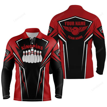 FUNSTUFFPRINT Custom Name And Team Name King Pins Bowling Long Sleeve Polo Shirt, Bowling Shirts For Men,Bowling Team Shirts