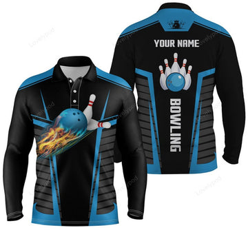 FUNSTUFFPRINT Customize bowling shirts for men with flame, bowling balls and pins black blue bowling jerseys