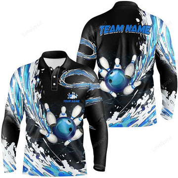 FUNSTUFFPRINT Blue Bowling Men Long Sleeve Polo Shirt, Custom Bowling Ball Pins Black Bowling Team League Jerseys
