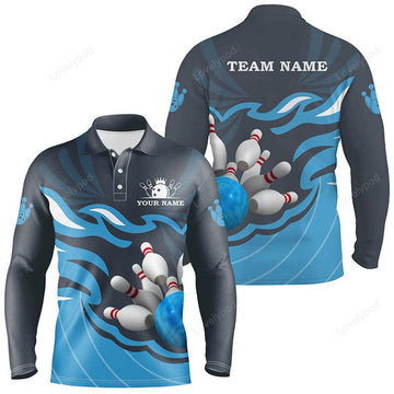 FUNSTUFFPRINT Custom Bowling Ball Pins Team Long Sleeve Polo Shirt, Personalized Bowling Gifts