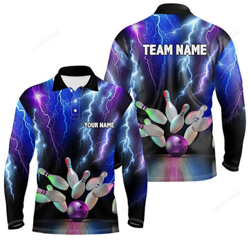 FUNSTUFFPRINT Custom Men long sleeve polo bowling shirt, colorful lightning thunder storm bowling team league jerseys