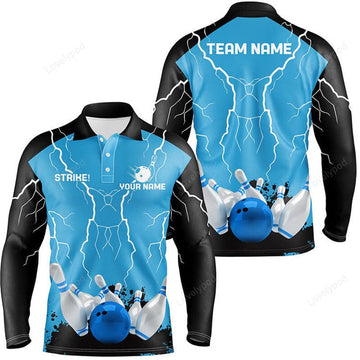 FUNSTUFFPRINT Men Bowling Long Sleeve Polo Shirt, Custom Bowling Strike Lightning Storm Thunder Team League Jerseys