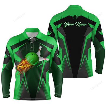 FUNSTUFFPRINT Personalized Men Bowling Polo Shirt, Flame Bowling Ball and Pins, bowling long sleeve for men bowlers