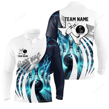 FUNSTUFFPRINT Personalized Men Bowling Polo Shirt, Flame Bowling Ball and Pins, bowling long sleeve for men bowlers