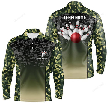 FUNSTUFFPRINT Men Bowling Long Sleeve Polo Shirts, Custom Blue Flame Bowling Ball And Pins Team League Bowler Jerseys