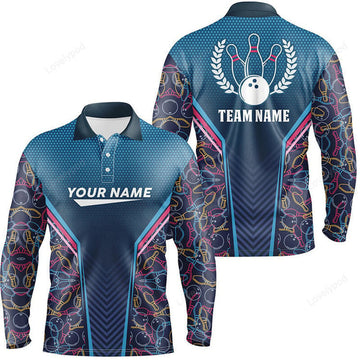 FUNSTUFFPRINT Personalized black bowling polo shirts for men, custom men's bowling Long Sleeve T-Shirt