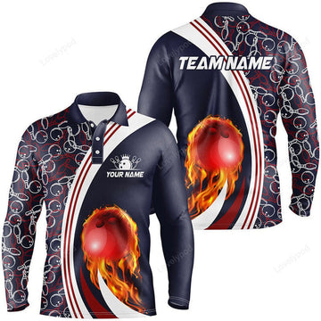 FUNSTUFFPRINT Black Red Argyle Pattern Bowling Skull Custom Bowling Long Sleeve Polo Shirts For Men, Bowling Jerseys