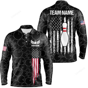 FUNSTUFFPRINT Black retro Men Bowling Polo Shirts, Custom vintage camo American flag team Ladies Bowlers Jerseys