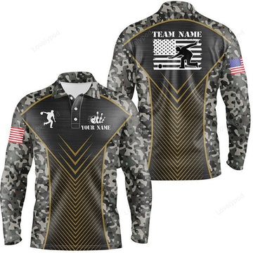 FUNSTUFFPRINT Black retro Men Bowling Polo Shirts, Custom vintage camo American flag team Ladies Bowlers Jerseys-SLSPS-10102