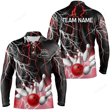 FUNSTUFFPRINT Custom Bowling Red Lightning Thunder Long Sleeve Polo Shirt, Team League Jersey