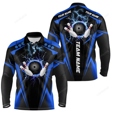 FUNSTUFFPRINT Custom Bowling Long Sleeve Polo Shirts, I'M Not Swearing, I'M Using My Bowling Words Blue Bowl Shirts