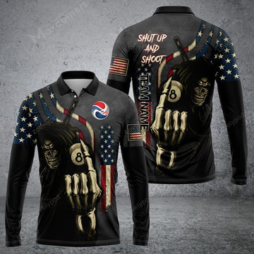 FUNSTUFFPRINT Personalized Billiard Skull Player Long Sleeve Polo Shirt, Gift For Billiard Lover