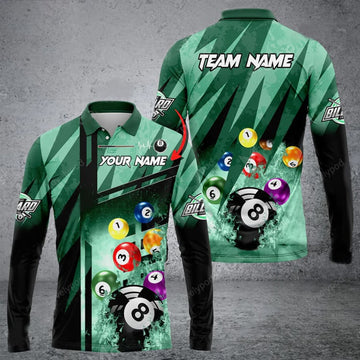FUNSTUFFPRINT Billiards Abstract Grunge Texture X Multicolor Option Customized Name Long Sleeve Polo Shirt