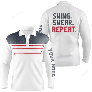 FUNSTUFFPRINT Mens Golf Long Sleeve Polo Shirt Custom Swing Swear Repeat American Flag White Golf Shirt