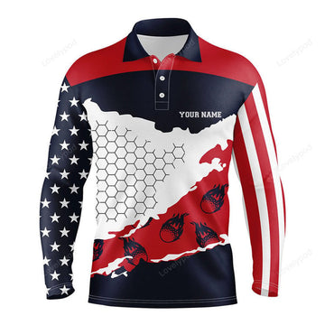 FUNSTUFFPRINT Personalized American Flag Men Golf Polo Shirts, Golf Flame 3D All Over Print Polo Shirt For Men