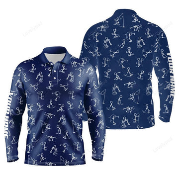 FUNSTUFFPRINT Men Golf Polo Up Shirts, Custom Name Funny Golf Pattern Blue Navy Polo Shirt