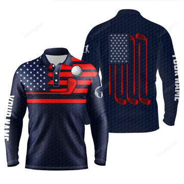 FUNSTUFFPRINT American Flag Patriotic Men Golf Polo Shirts, Custom Name Blue Golf Polo Shirt Men