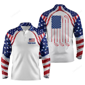 FUNSTUFFPRINT Amazing Watercolor American Flag White Men Golf Polo Shirt, Custom Men Patriotic Polo Shirts Golfing Gift
