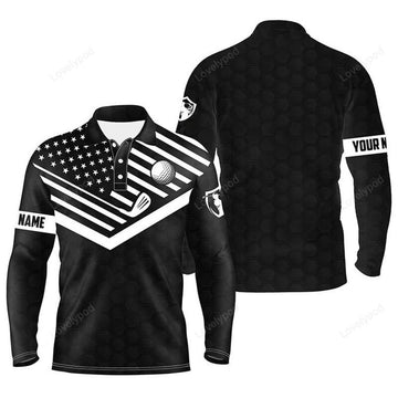 FUNSTUFFPRINT Men Golf Long Sleeve Polo Shirts, Golf American Flag Custom Patriotic Golf Shirt For Mens