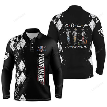 FUNSTUFFPRINT Black Golf Shirt Men Skull Golf, Custom Name Skull Golf Friends Team Men Polo Golf Shirts