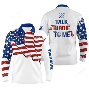 FUNSTUFFPRINT Funny Men Golf Polo Shirt, Custom American Flag Patriotic White Golf Shirts, Talk Birdie To Me