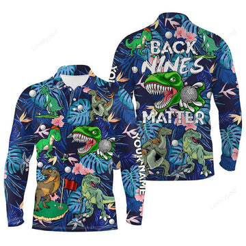 FUNSTUFFPRINT Funny Men Golf Polo Shirt, Custom Blue Tropical Flower Dinosaur Golf Shirts Back Nines Matter