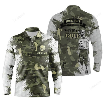 FUNSTUFFPRINT Funny Skull Green Camo Golf Polo Shirts For Men, Custom Name Your Hole Is My Goal Mens Polos Shirt